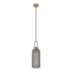 Lustre cylindrique suspendu en verre fumé mat et laiton doré, diamètre 13 cm