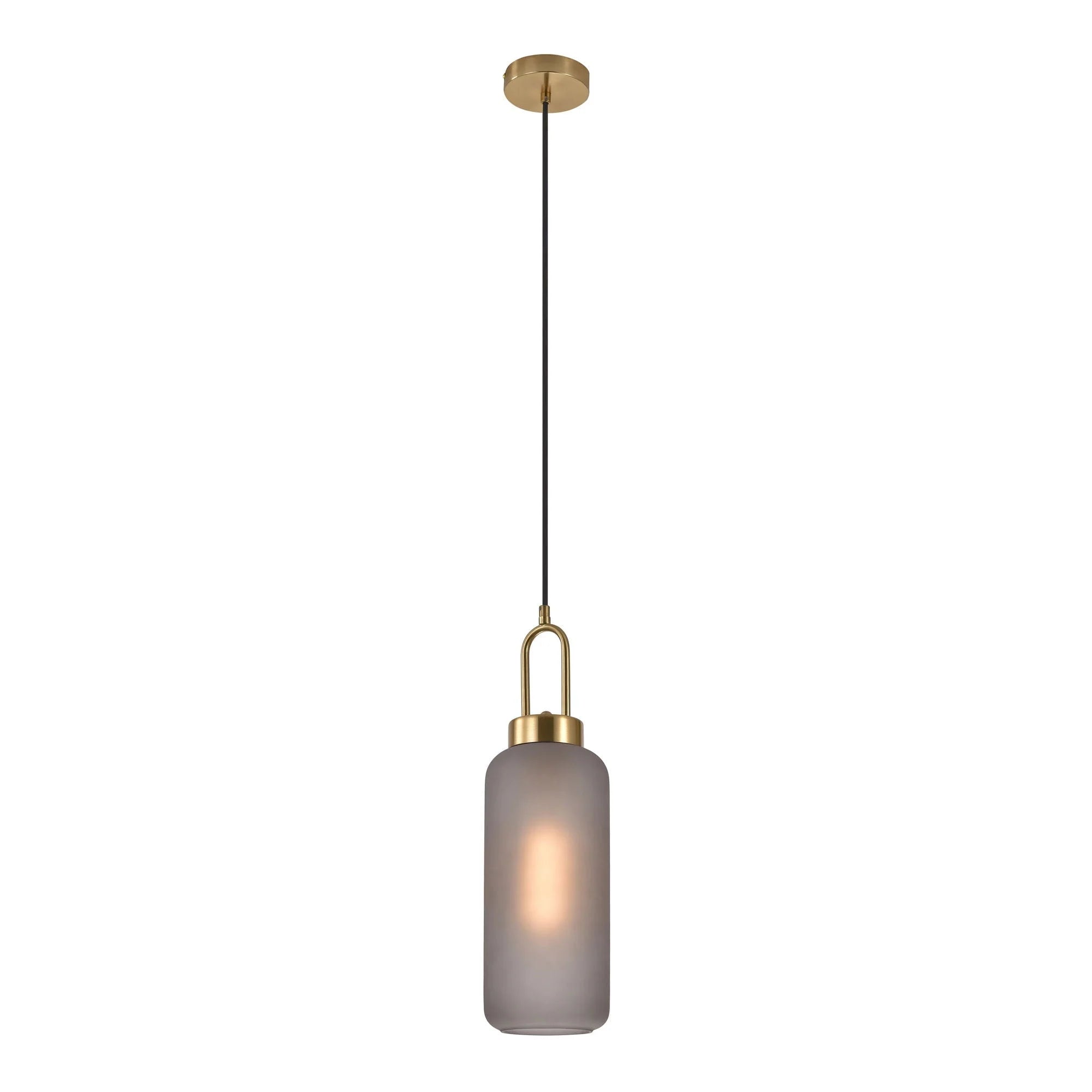 Suspension cylindrique en verre fumé mat et laiton doré, diamètre 13 cm