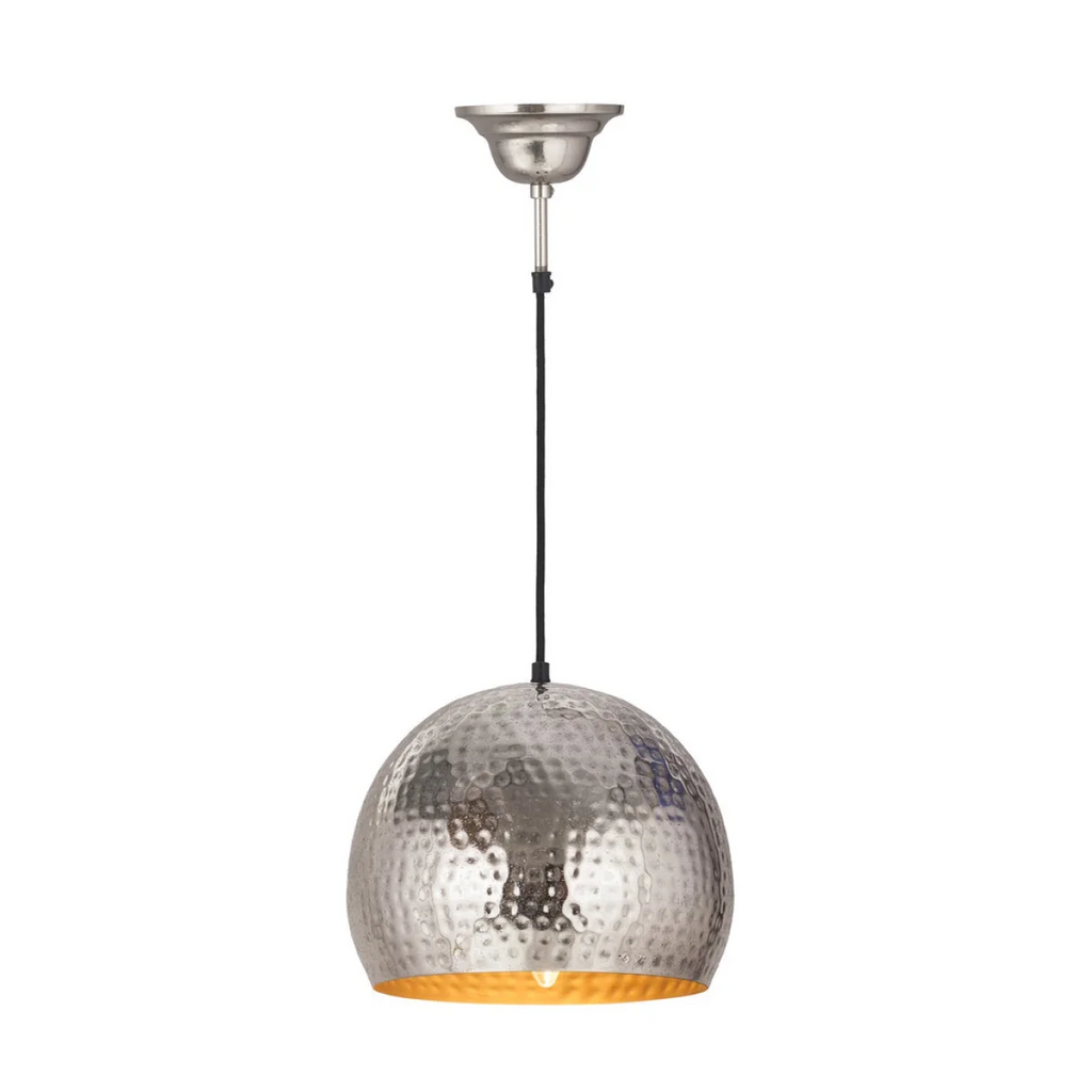 Suspension en nickel avec dôme en argent martelé et une lueur chaleureuse intérieure