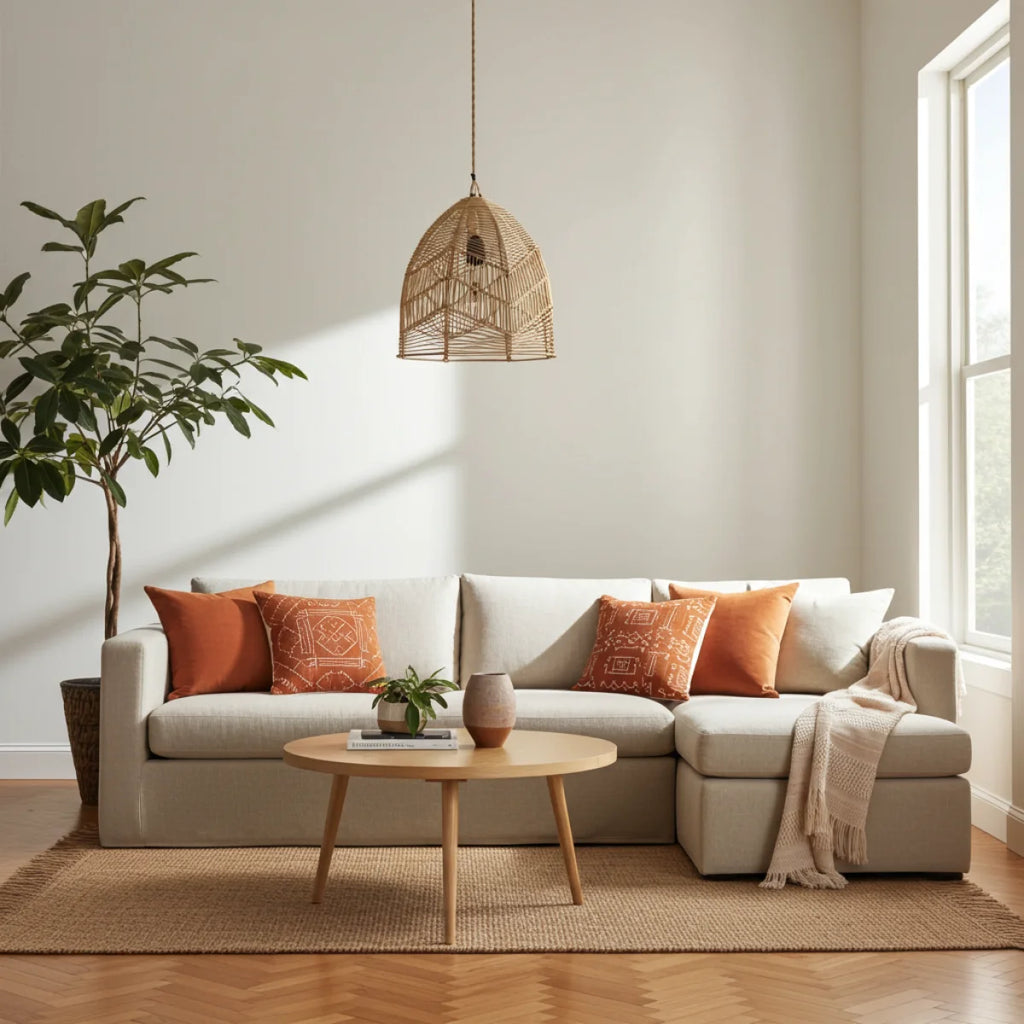 Canapé sectionnel clair avec coussins orange rouille, parfait pour Suspension dôme en rotin