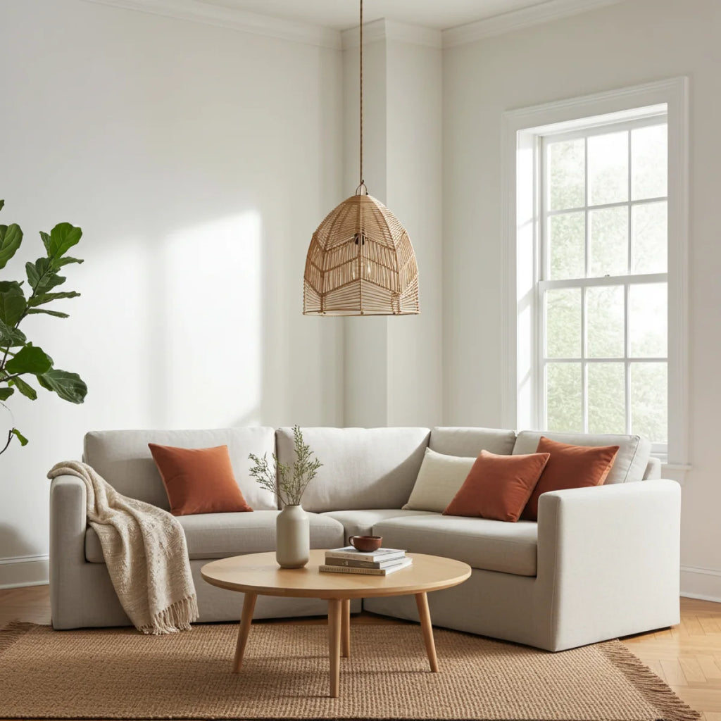 Canapé sectionnel beige clair avec coussins rust et crème pour Suspension dôme en rotin naturel