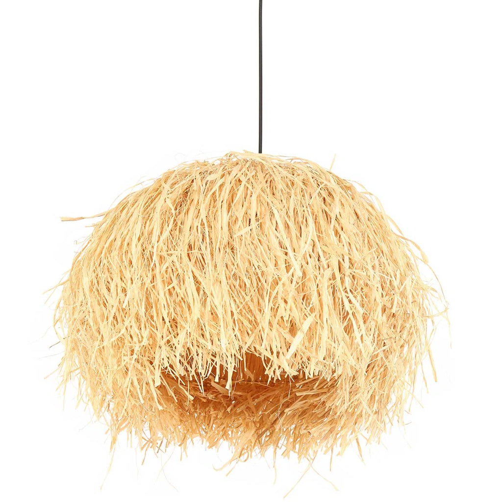 Suspension en fibres naturelles beige frangée, Ø53 cm, sphérique en paille
