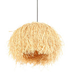 Suspension en fibres naturelles beige frangée, Ø53 cm, sphérique en paille