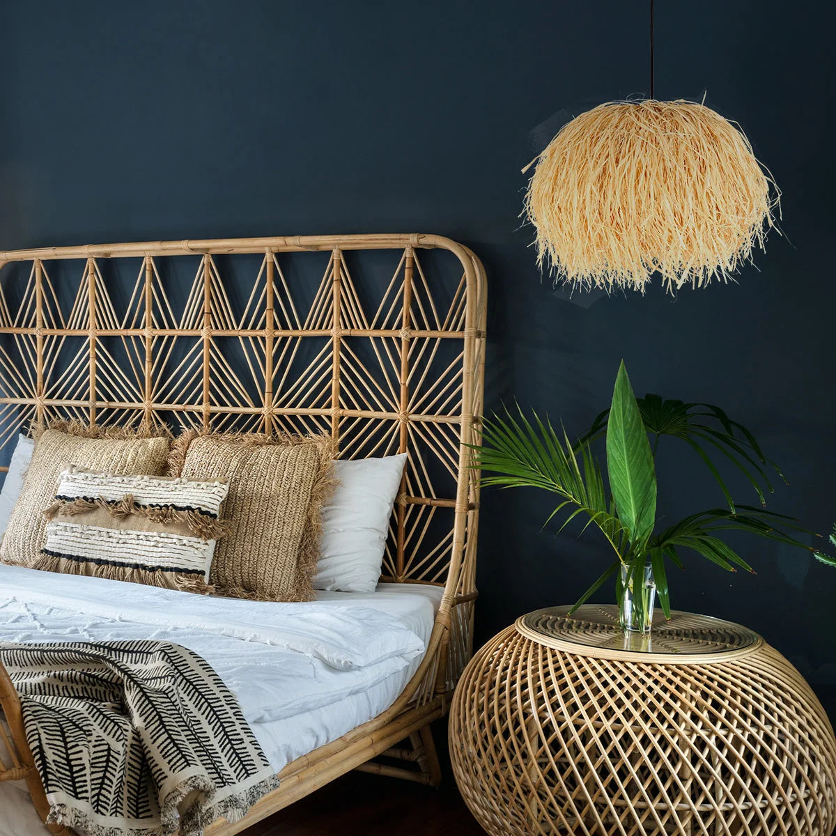 Suspension en fibres naturelles beige finition frangée Ø53 cm