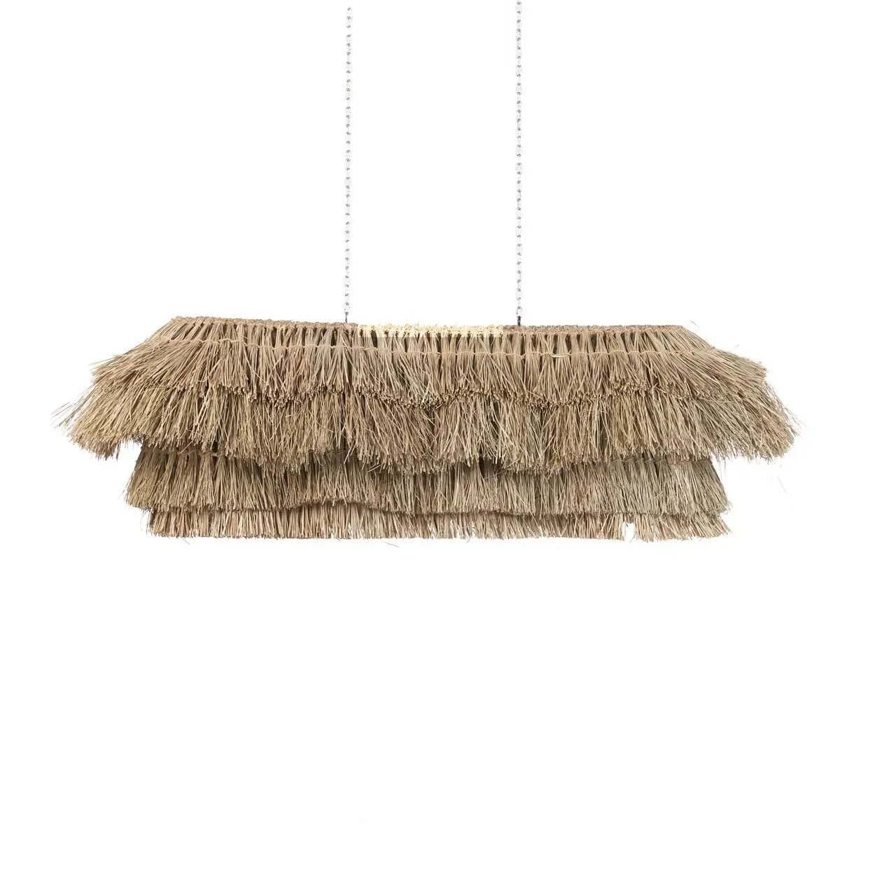Suspension frangée en fibres naturelles beige paille, 140x60 cm, éclairage décoratif