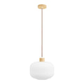 Suspension globe en verre opalin strié blanc et bois clair Ø30 cm