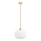Suspension globe en verre opalin strié blanc et bois clair Ø30 cm