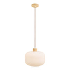 Lampe suspendue globe verre opalin strié blanc Ø30 cm bois clair