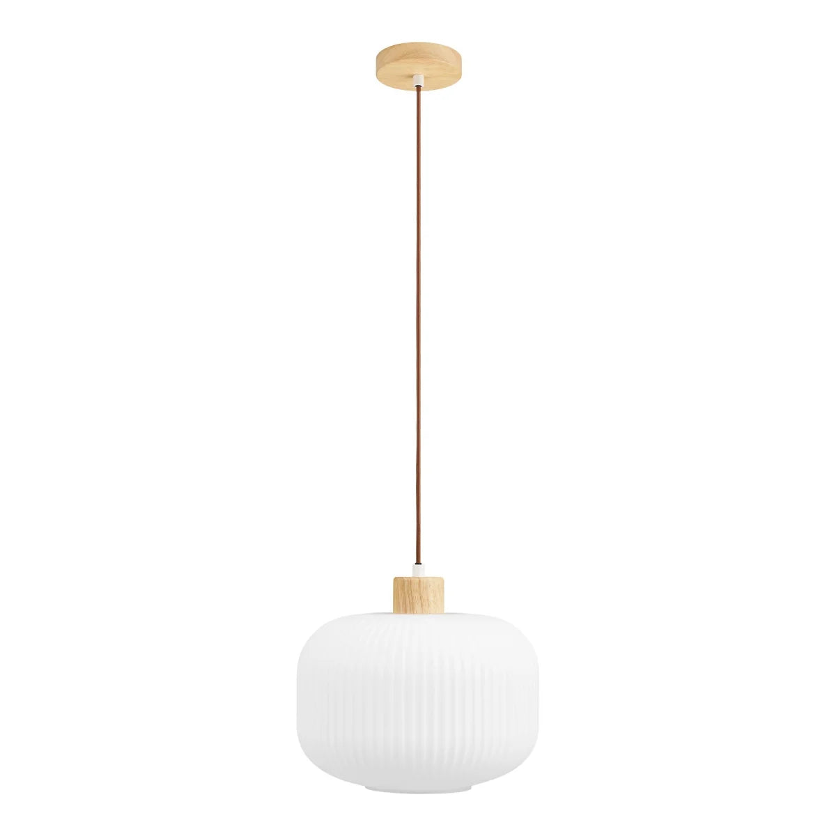 Suspension globe en verre opalin strié blanc avec accent en bois clair Ø30 cm