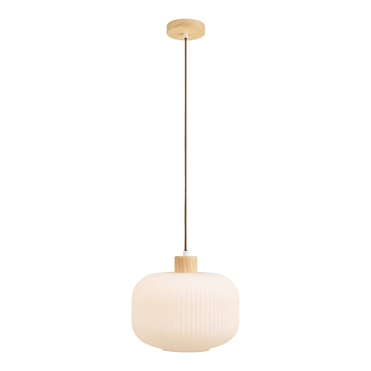 Suspension globe en verre opalin strié blanc avec capot en bois clair et abat-jour blanc