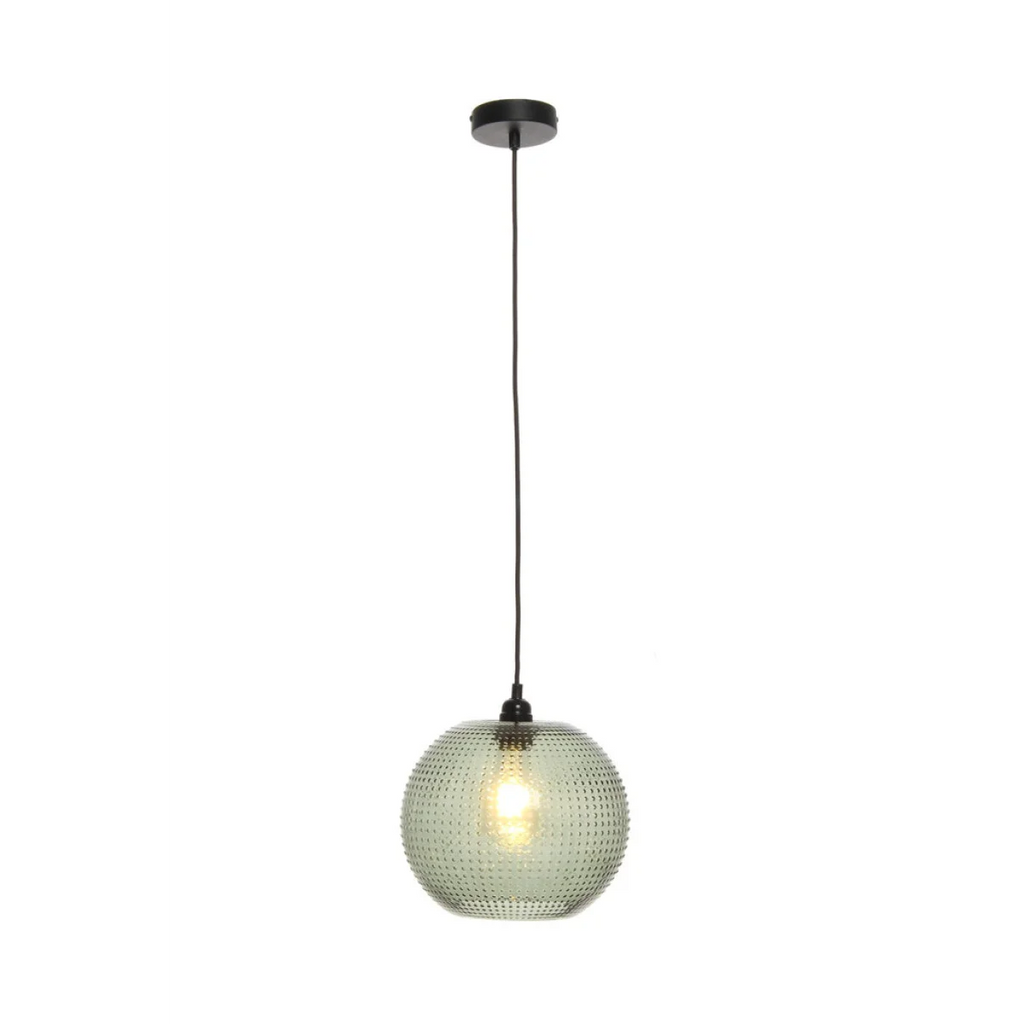 Lampe suspendue Rita Grün avec rose noir, cord noir et boule en verre texturé éclairée