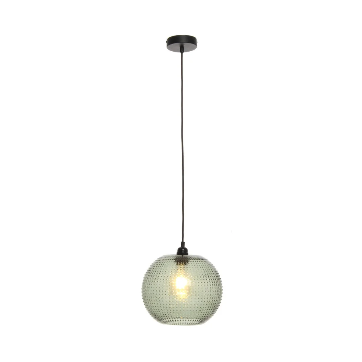 Lampe suspendue Rita Grün avec rose noir, cord noir et boule en verre texturé éclairée