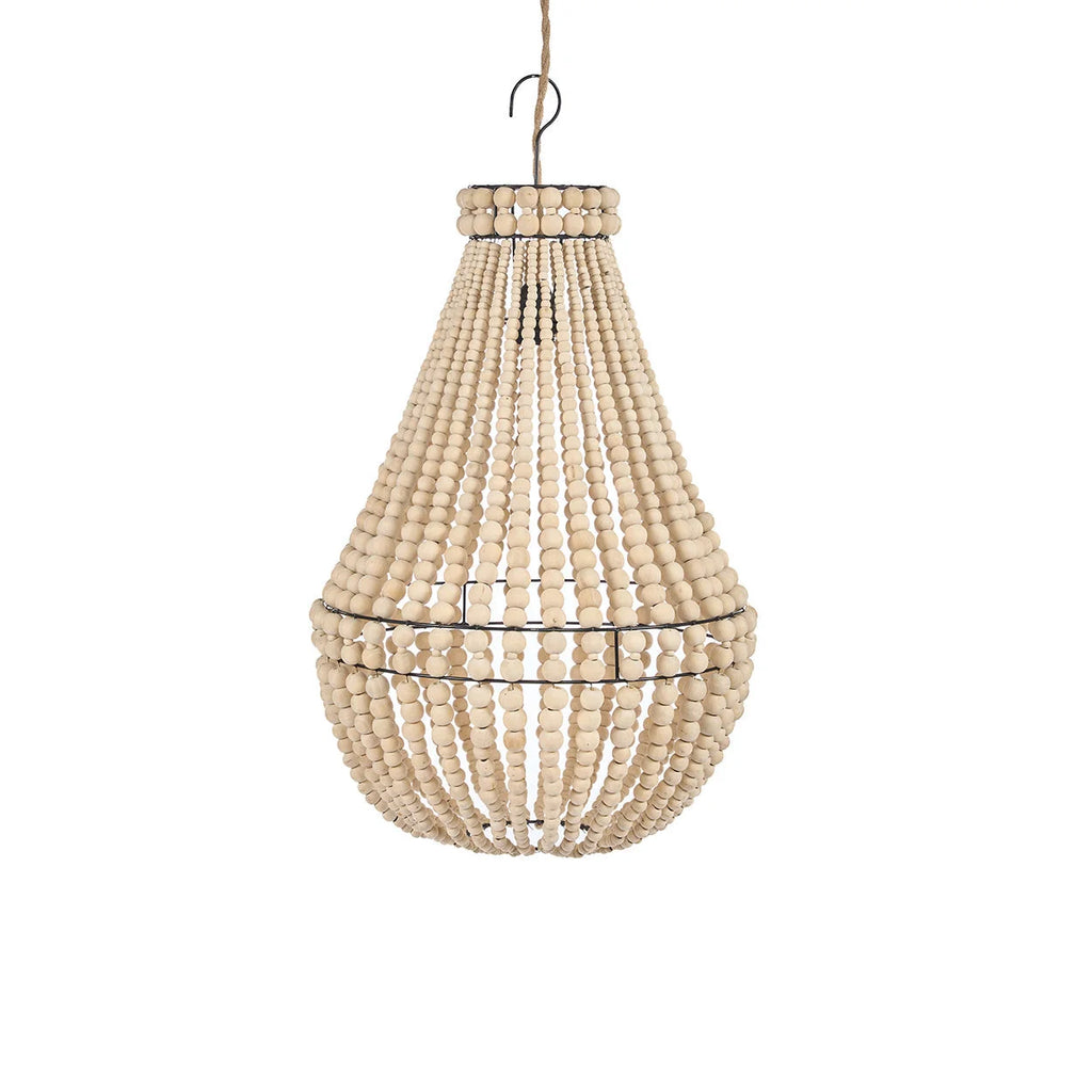 Suspension goutte en perles de bois beige, cadre fil tissé, H73 cm