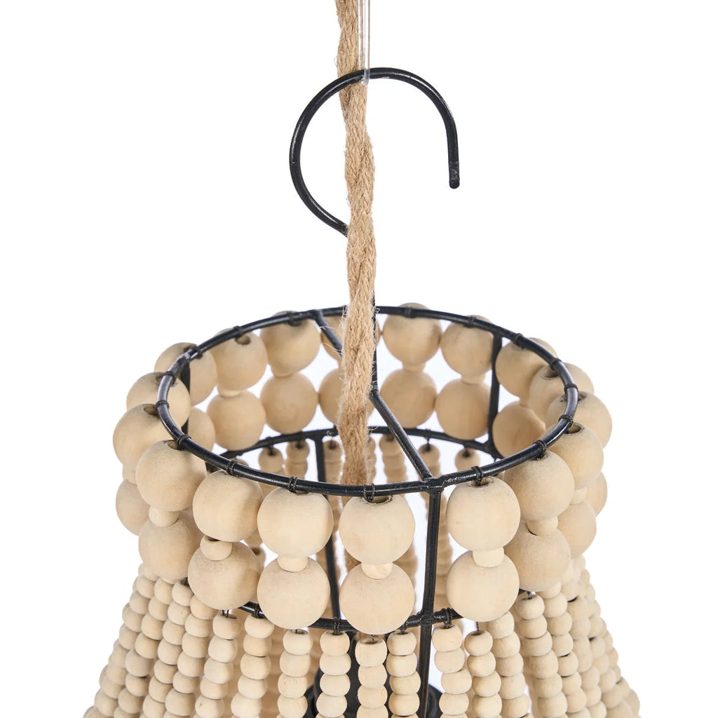 Lustre goutte en perles de bois beige avec cadre métal noir et crochet corde - H73 cm