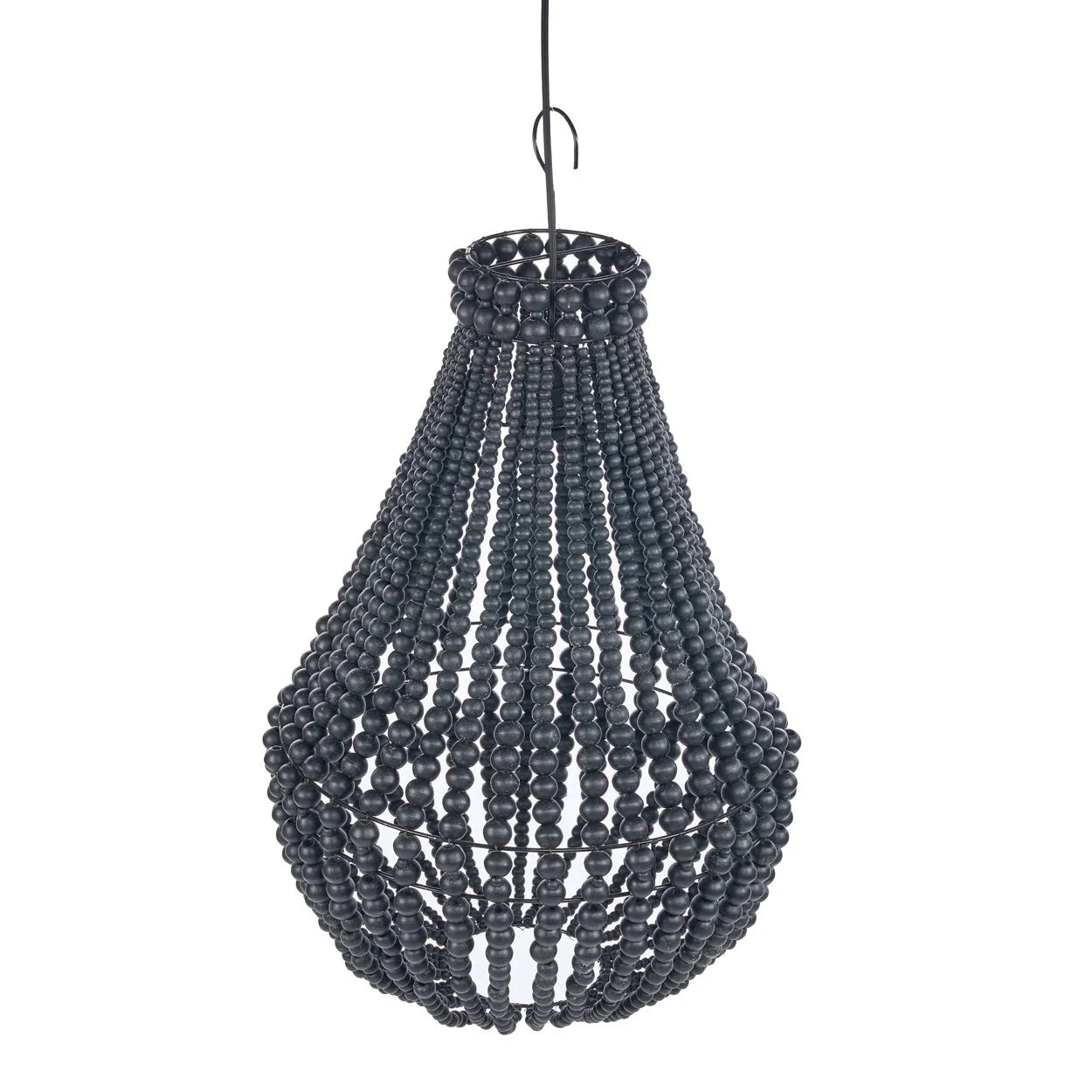 Lustre goutte en perles de bois noir ajourées, Ø40 cm, design cascadant