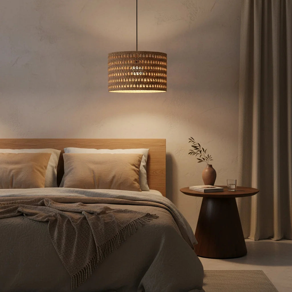 Suspension en herbe marine tressée beige sable ajourée Ø50 cm à tons chauds