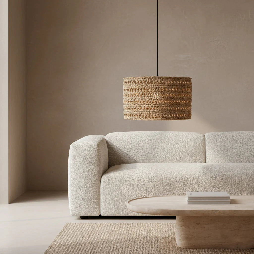 Suspension en herbe marine tressée beige sable ajourée Ø50 cm