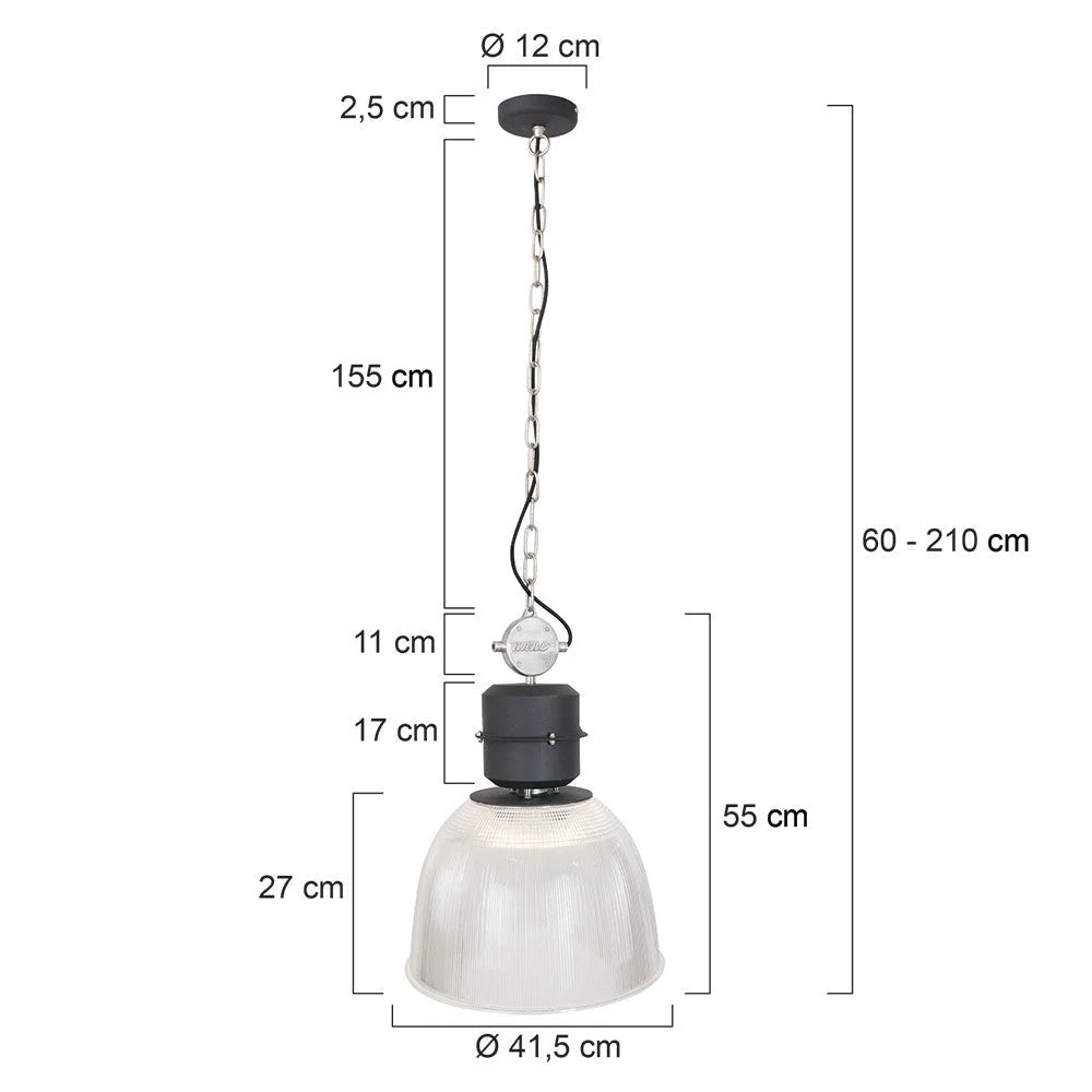 Suspension industrielle en métal noir et verre strié transparent diamètre 41 cm