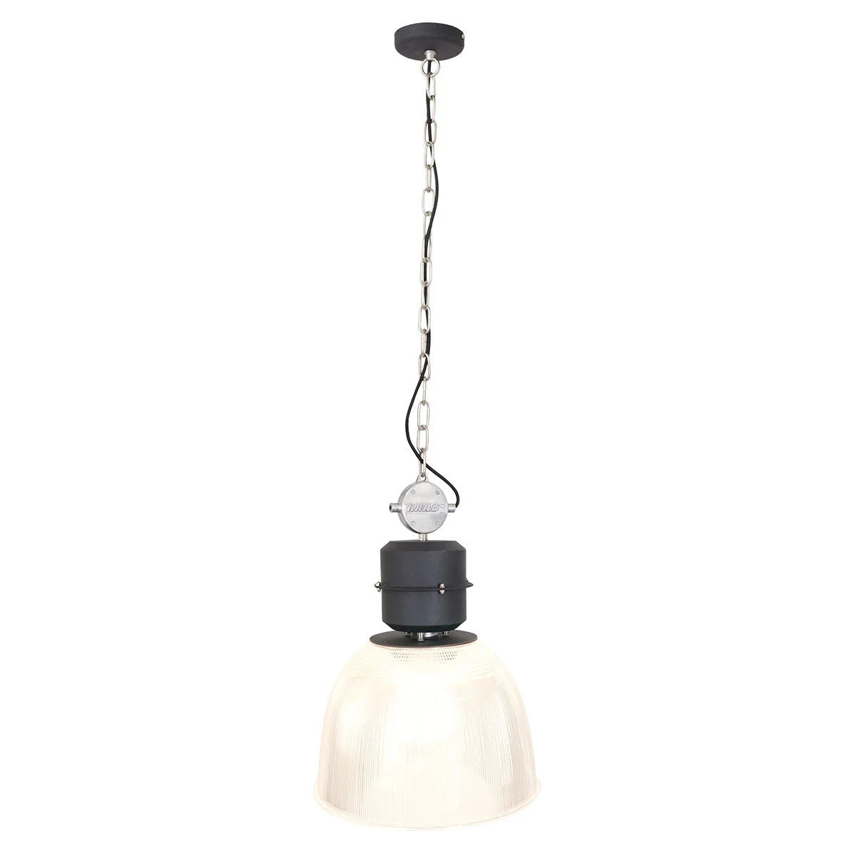 Luminaire suspendu industriel en métal noir et verre strié transparent Ø41 cm