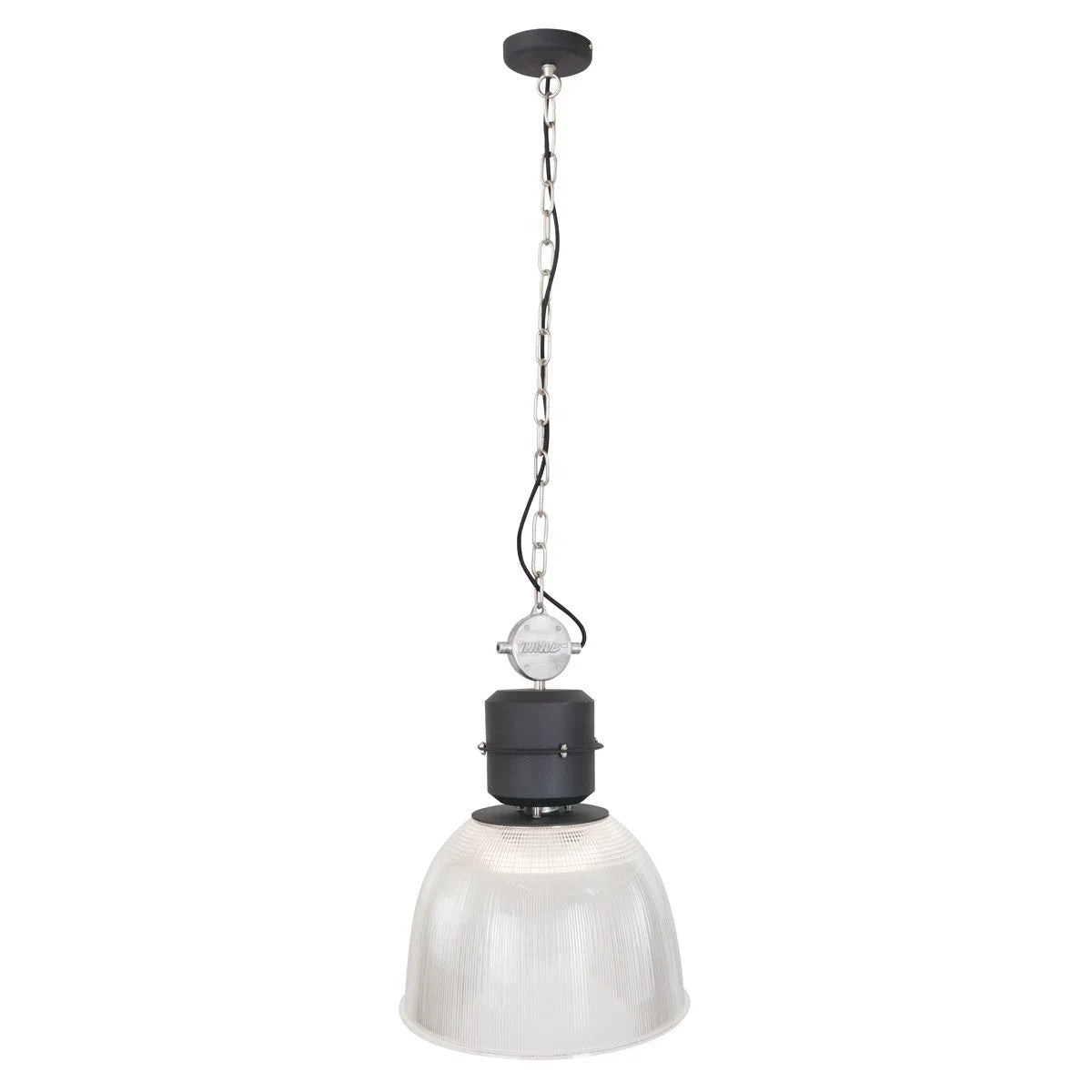 Luminaire suspendu industriel en métal noir et verre strié transparent Ø41 cm