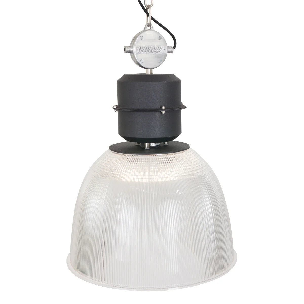 Suspension industrielle en métal noir et verre strié transparent Ø41 cm