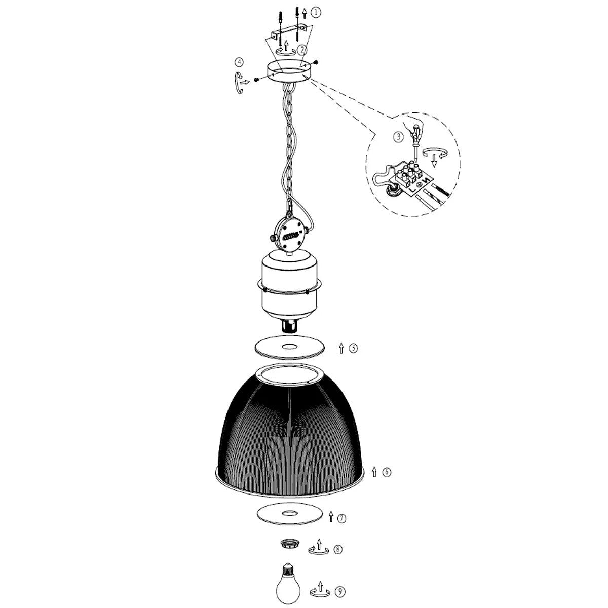 Vue éclatée d’une suspension industrielle en métal noir et verre strié transparent Ø41 cm