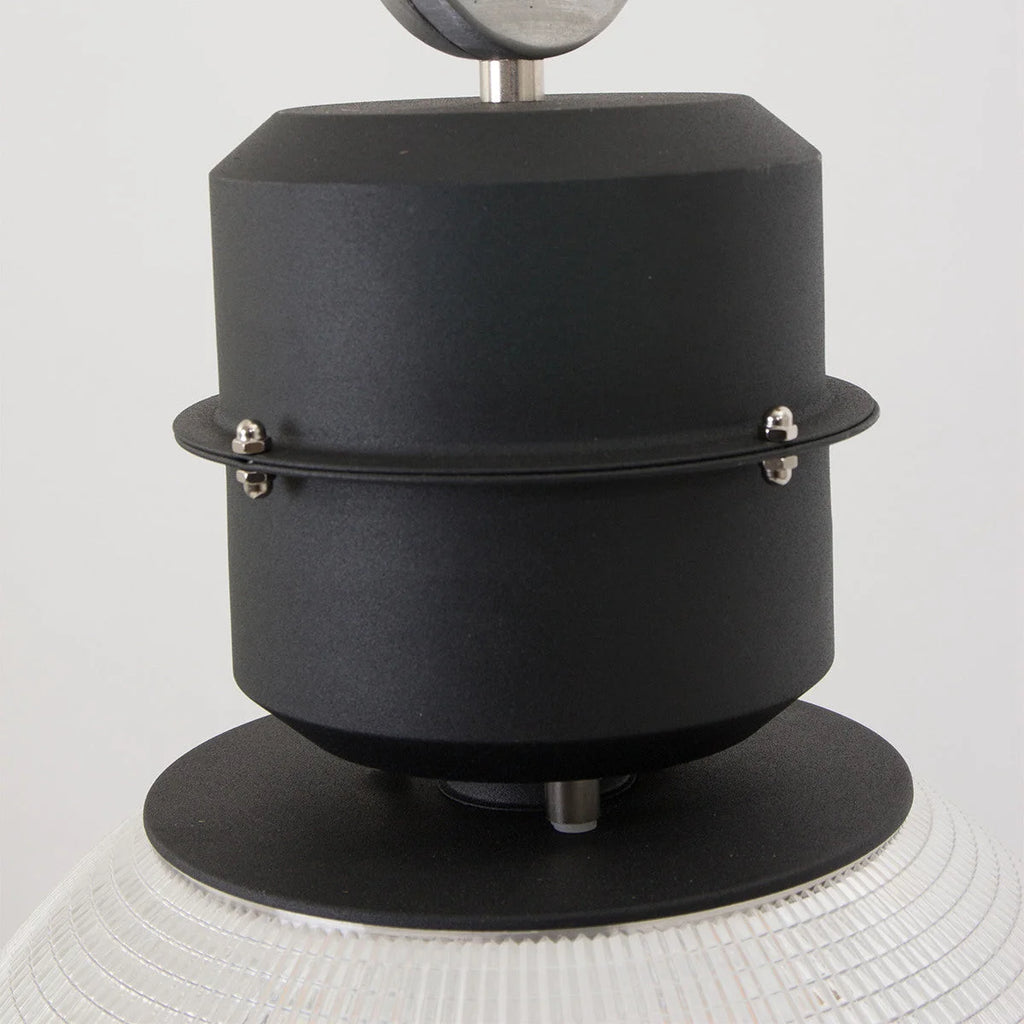 Luminaire suspendu industriel en métal noir et verre strié transparent Ø41 cm