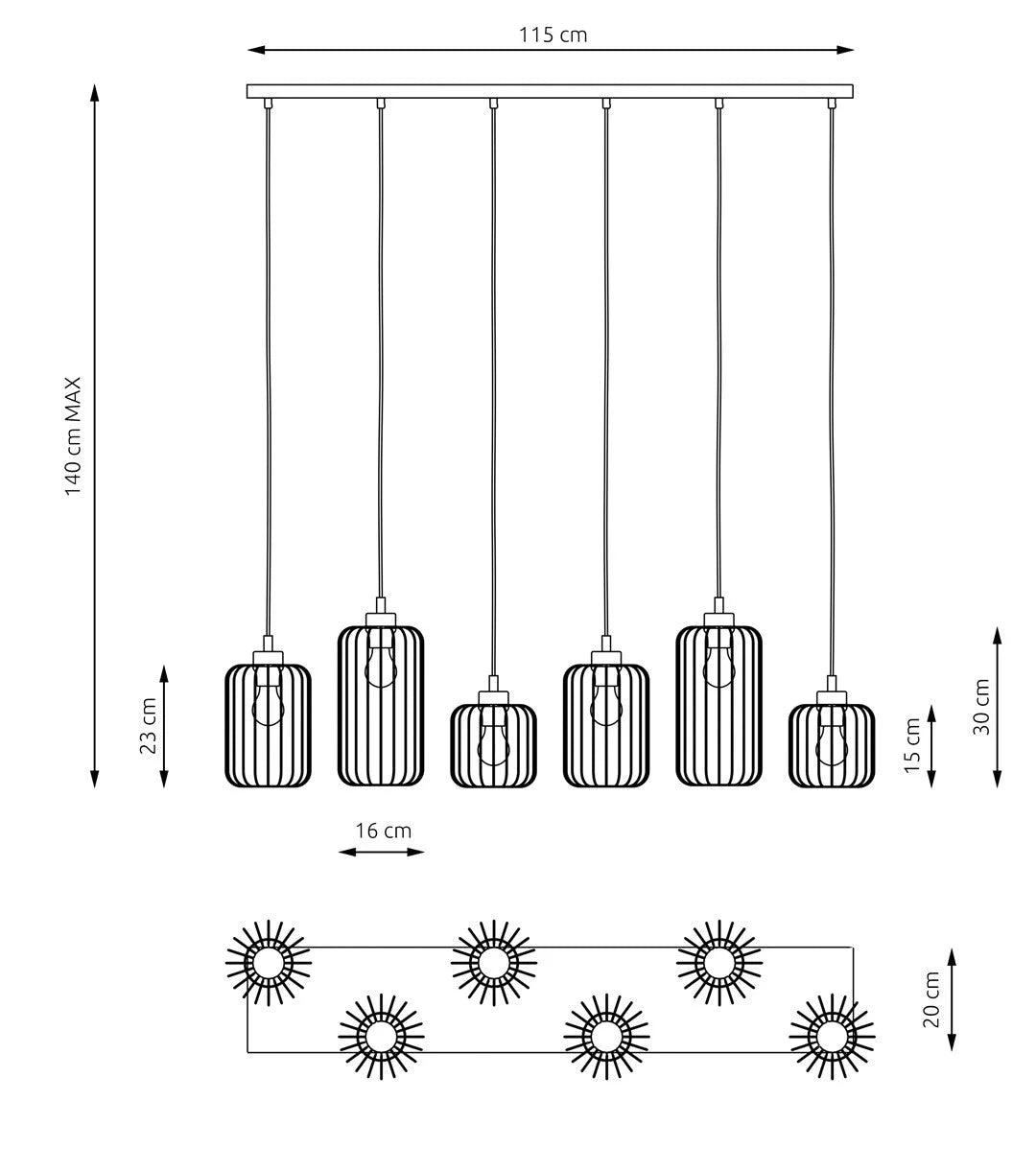 Suspension industrielle noire en acier à 6 abat-jours en verre nervurés, 115x20 cm