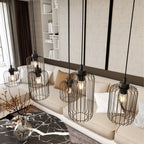 Suspension industrielle noire en acier à 6 lampes cage filaire 115x20 cm