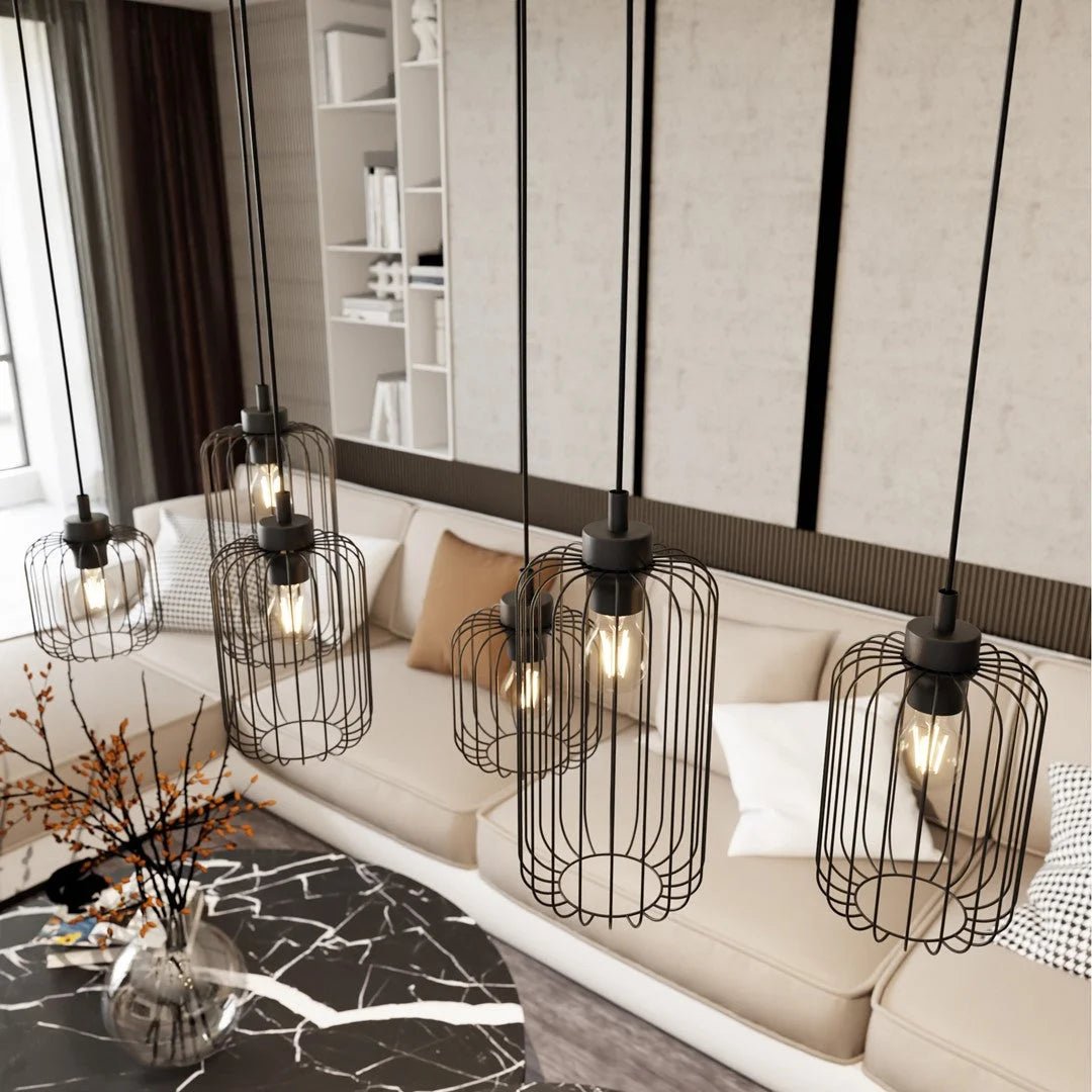 Suspension industrielle noire en acier à 6 lampes cage filaire 115x20 cm