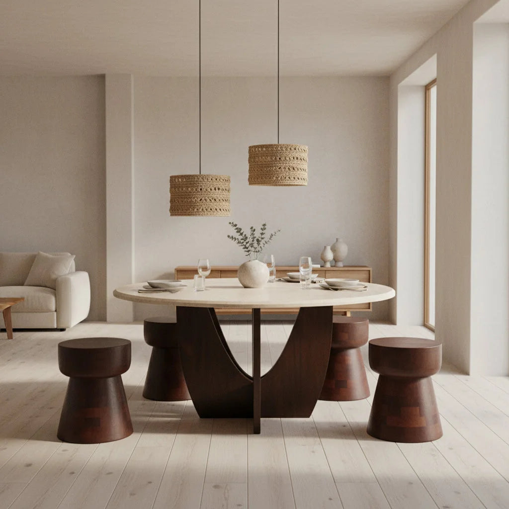 Table basse ronde moderne en pierre claire et pieds bois sculpturaux sombres