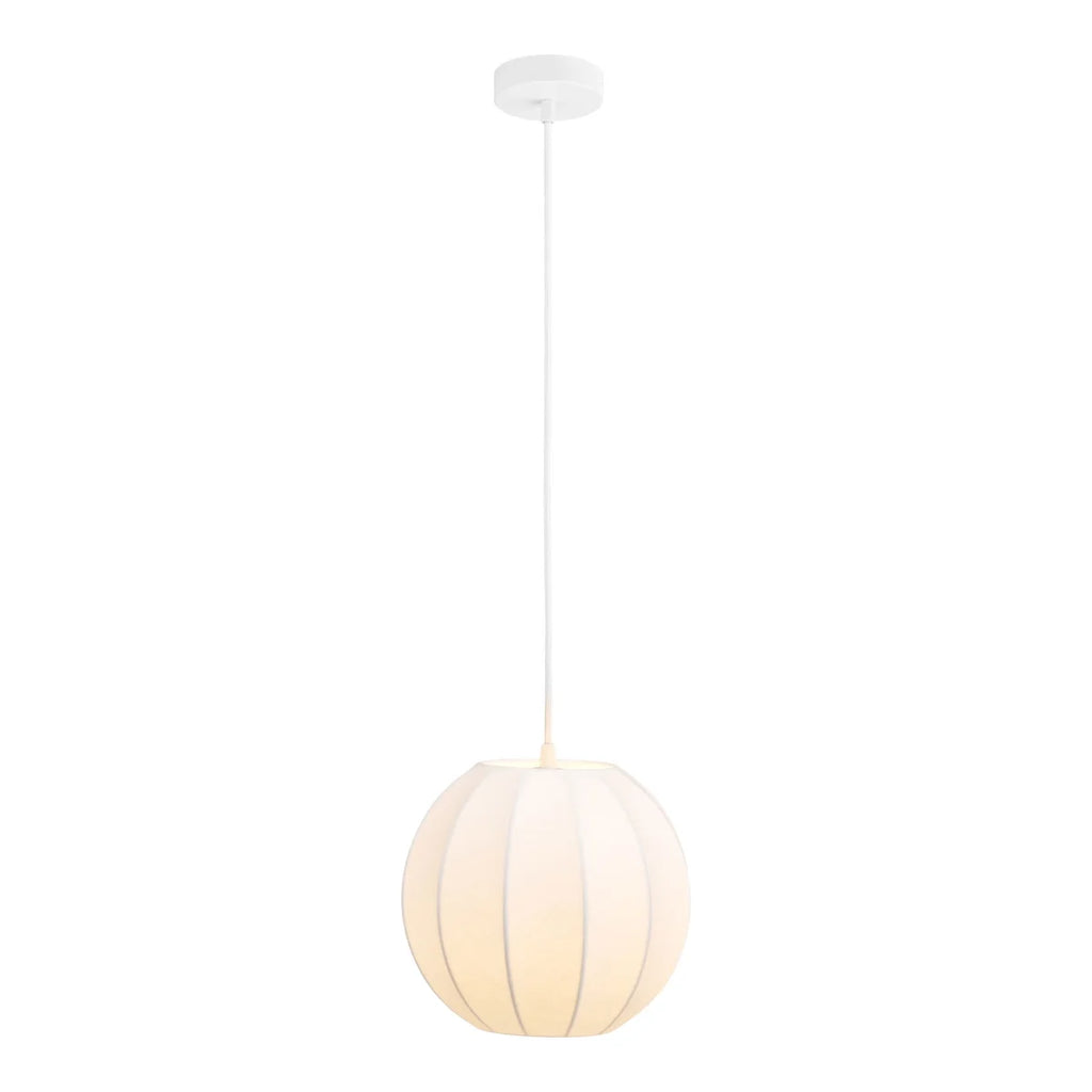 Suspension lanterne blanche en soie nervurée ronde Ø25 cm avec luminaire sphérique