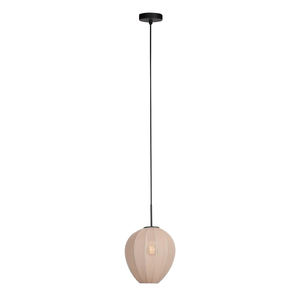 Suspension en lin crème forme goutte avec abat-jour rond et texturé sur câble noir