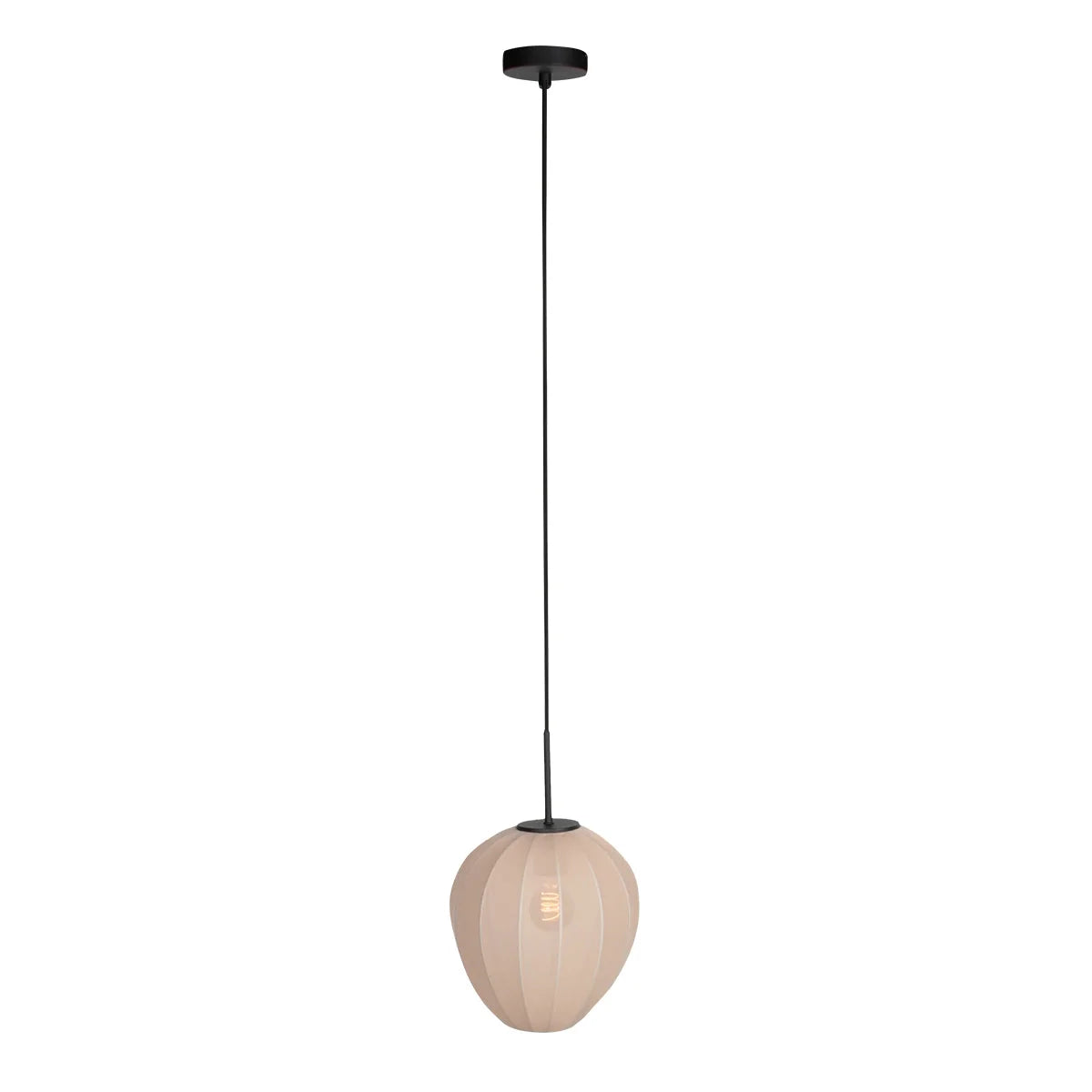 Suspension en lin crème avec abat-jour rond textured sur câble noir Ø25 cm