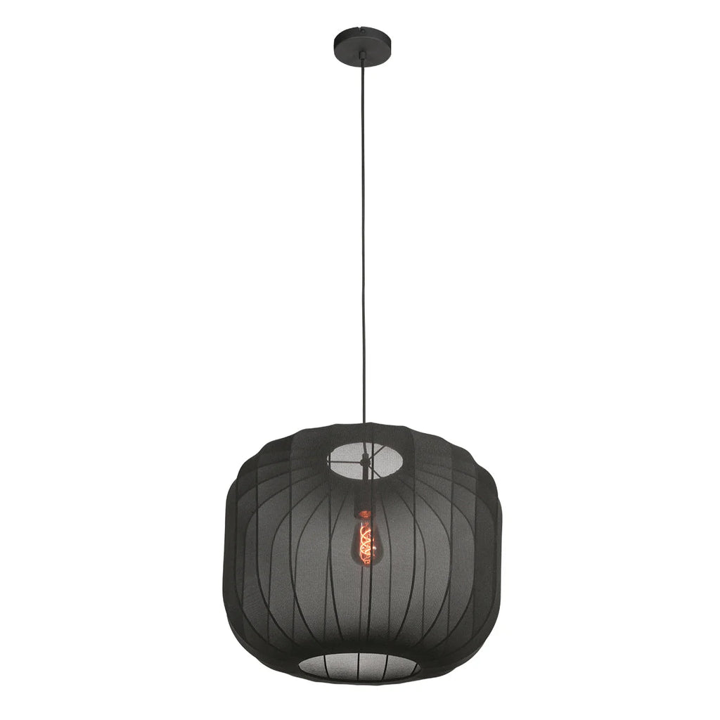 Suspension en lin noir avec ampoule visible, pendentif en maille noire Ø55 cm