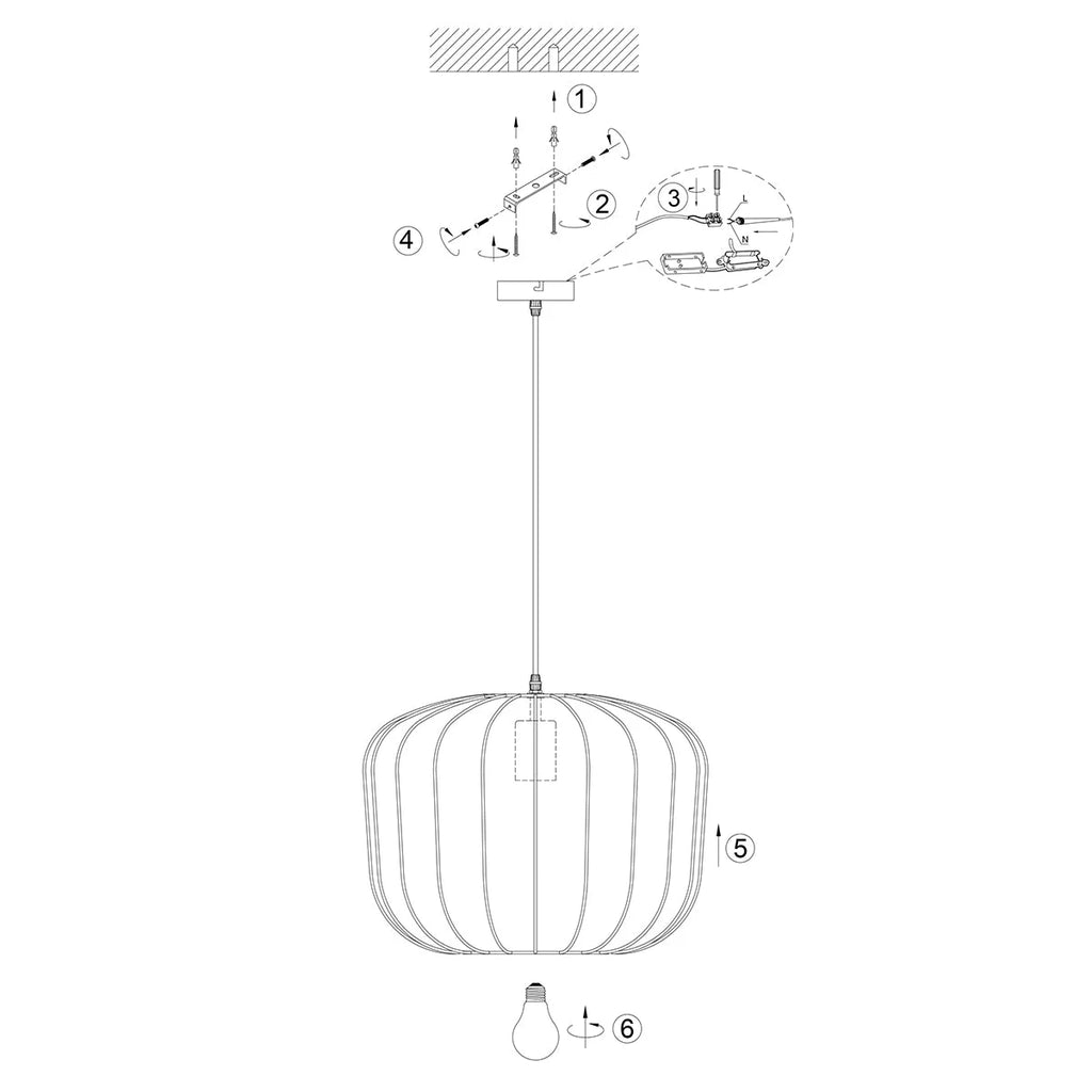 Diagramme de montage du plafonnier suspendu en lin noir avec ampoule visible Ø55 cm