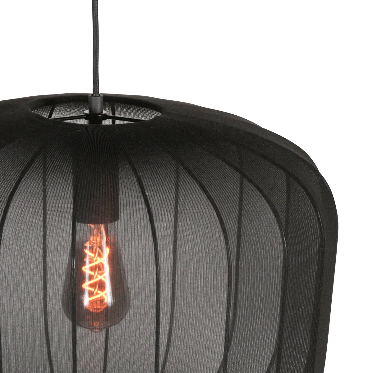 Suspension en lin noir rond avec fibres apparentes et lampe à mesh noir élégante
