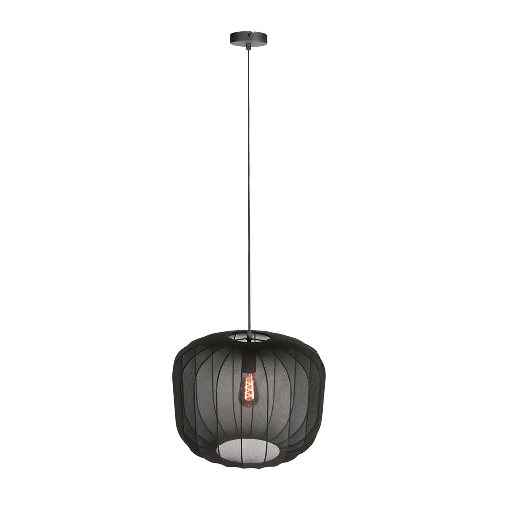 Suspension en lin noir rond avec fibres apparentes, luminaire en mesh noir Ø45 cm