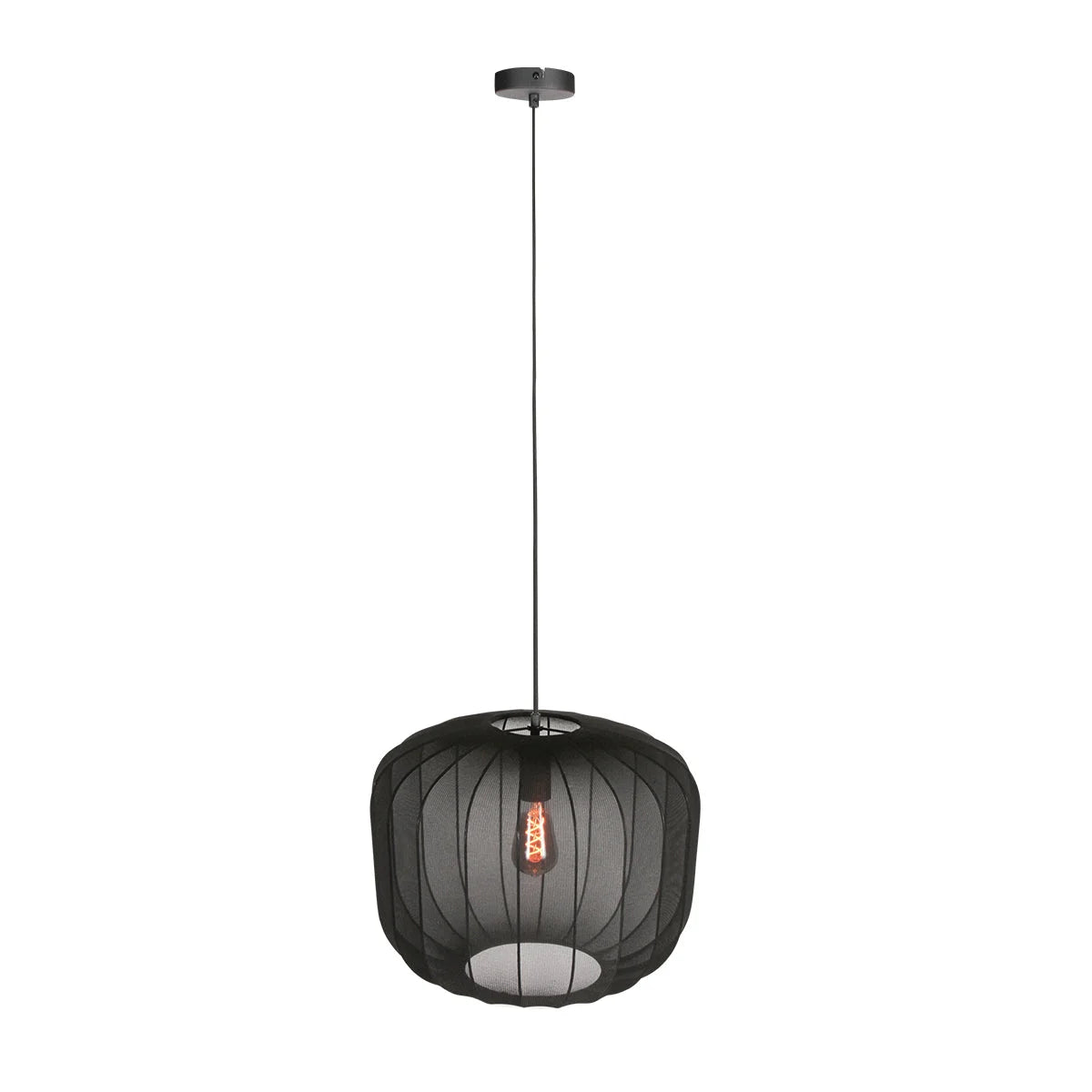Suspension en lin noir rond avec fibres apparentes, luminaire en mesh noir Ø45 cm