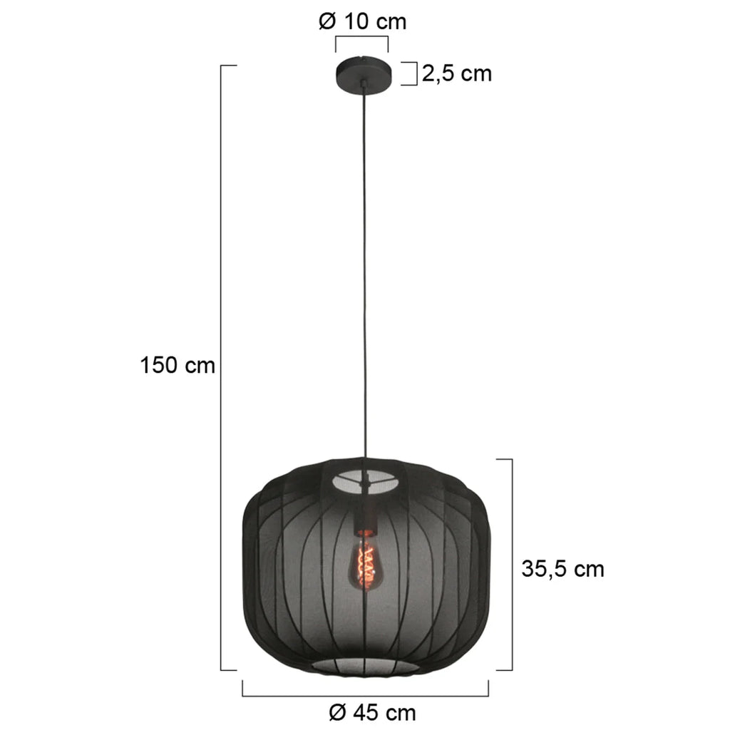 Ampoule suspendue en lin noir rond avec fibres apparentes – Ø45 cm, lampadaire moderne