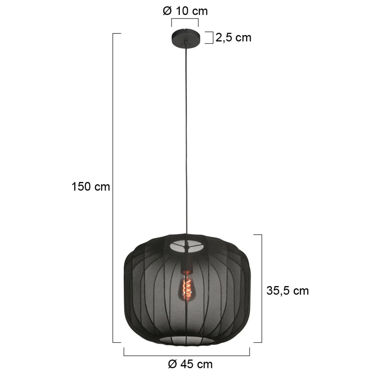 Ampoule suspendue en lin noir rond avec fibres apparentes – Ø45 cm, lampadaire moderne