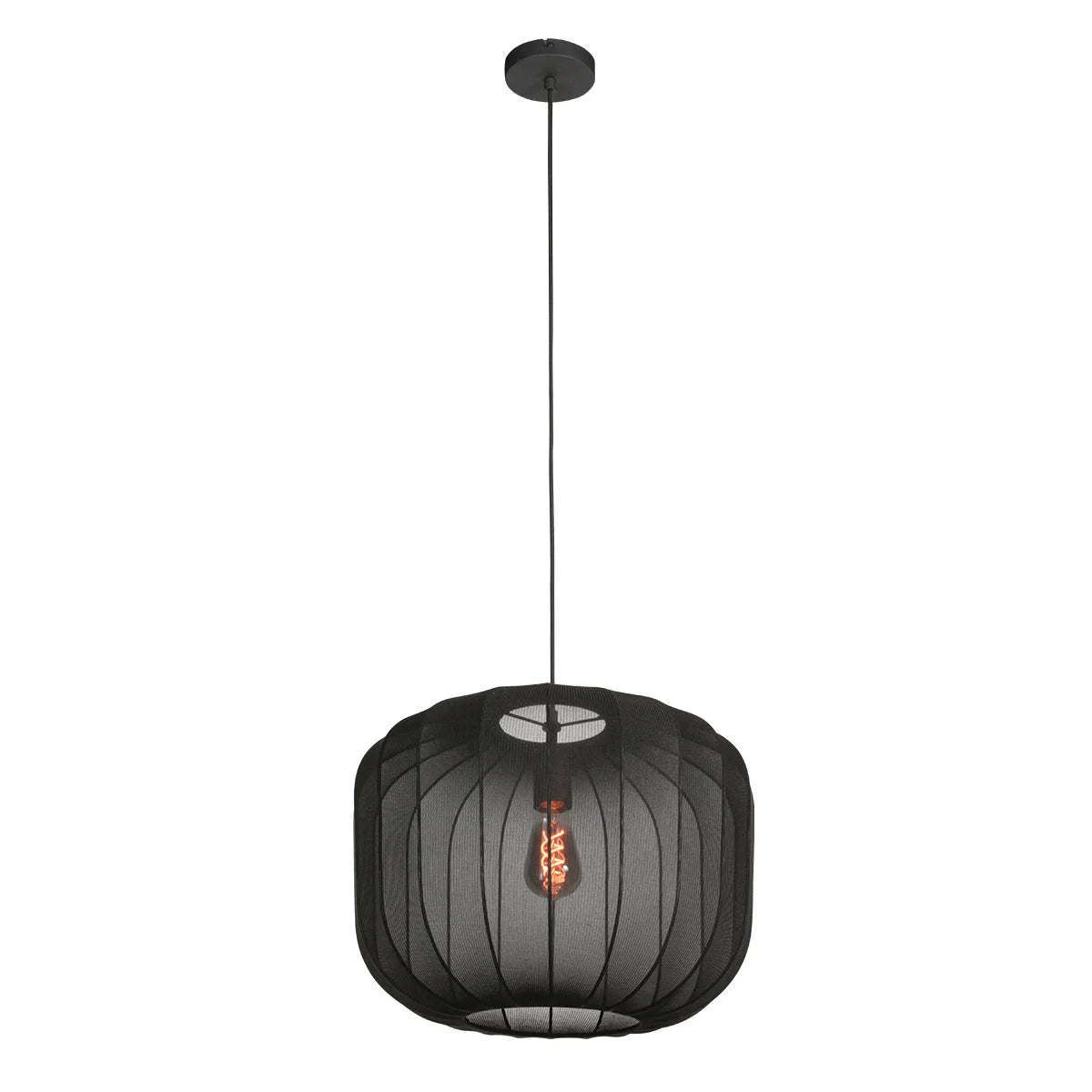 Suspension en lin noir rond avec fibres apparentes et pendant noir en maille suspendue