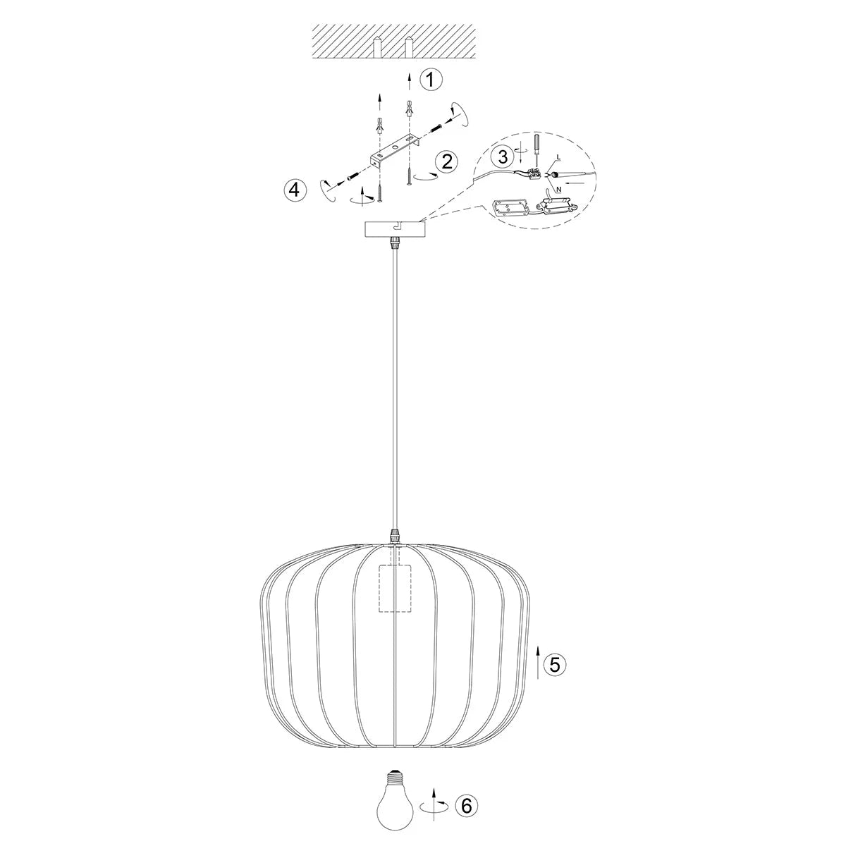 Diagramme d’installation de la suspension en lin noir rond avec fibres apparentes Ø45 cm