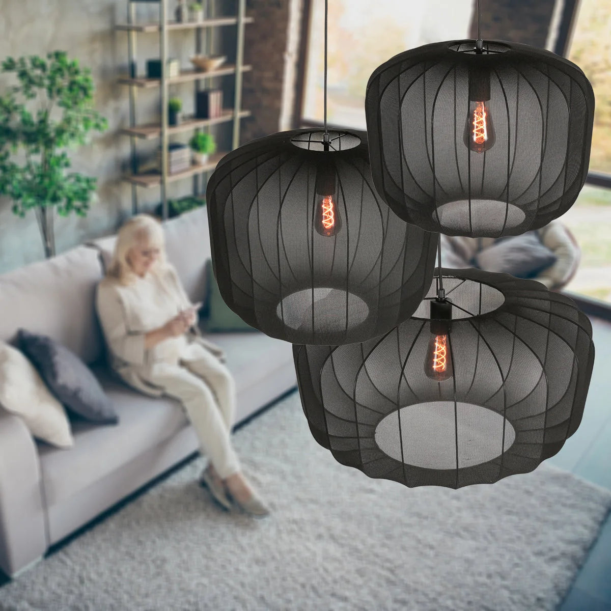 Trois suspensions en lin noir rond avec fibres apparentes, style cage, diamètre 45 cm
