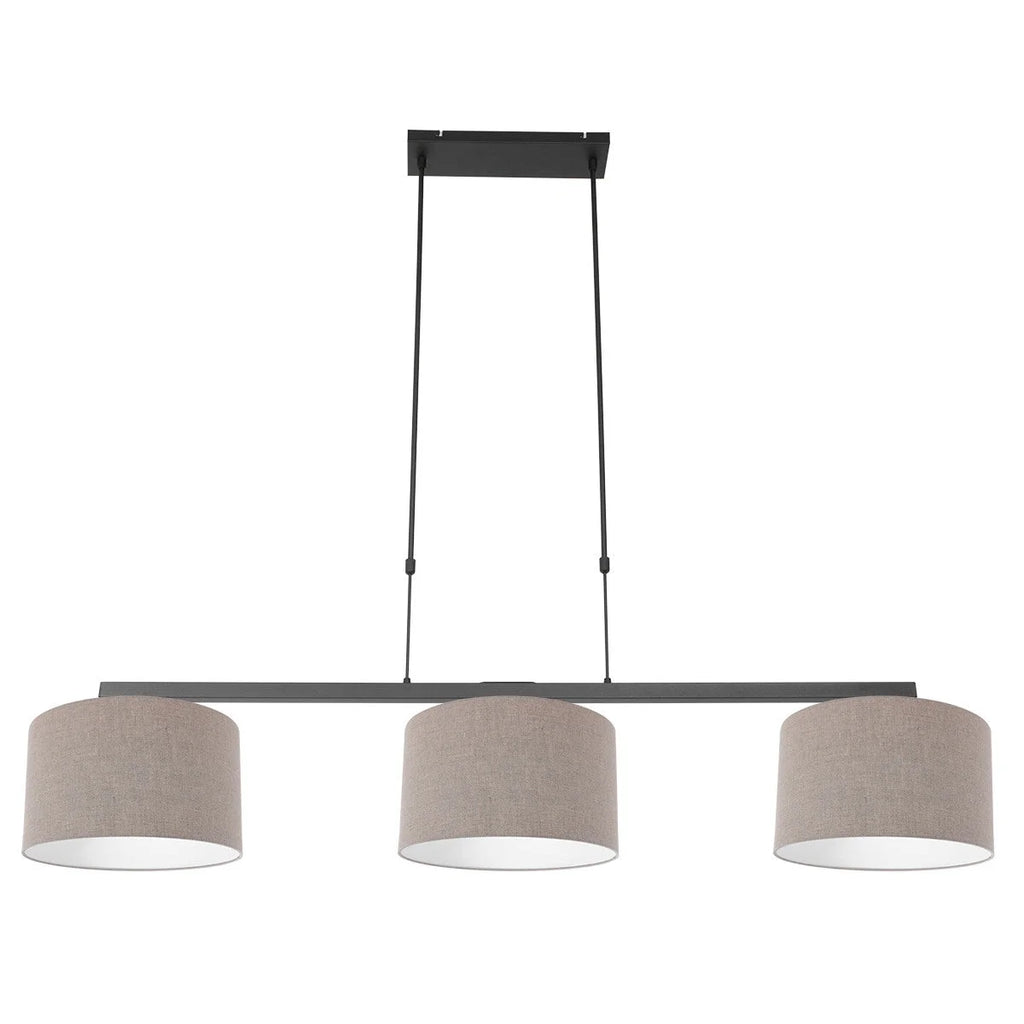 Suspension linéaire en métal noir avec trois abat-jours en tissu taupe 140x30 cm