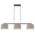 Suspension linéaire en métal noir avec trois abat-jours en tissu taupe 140x30 cm