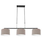 Suspension linéaire en métal noir avec trois abat-jours en tissu taupe 140x30 cm
