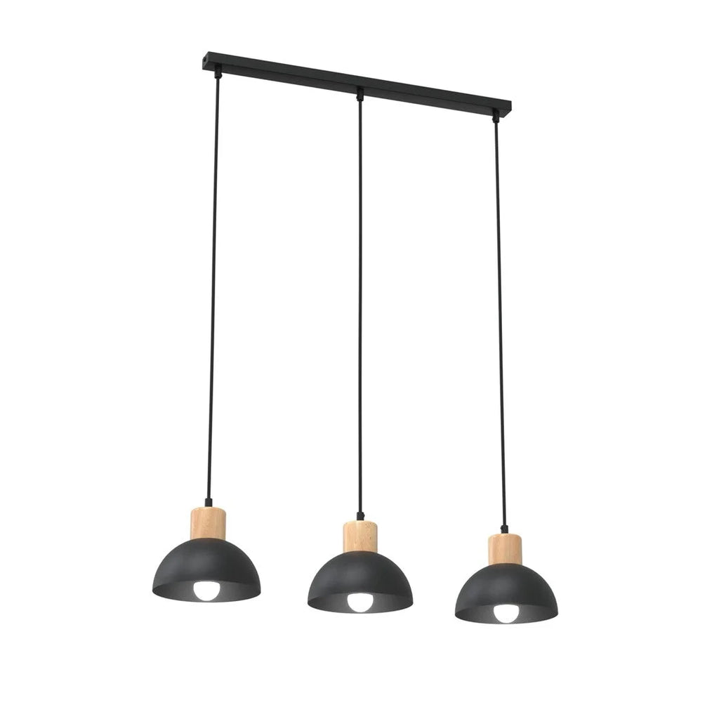 Suspension linéaire en métal noir et bois, 3 feux, 60x4 cm