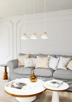 Suspension 3 dômes en métal blanc et bois naturel, 60x4 cm