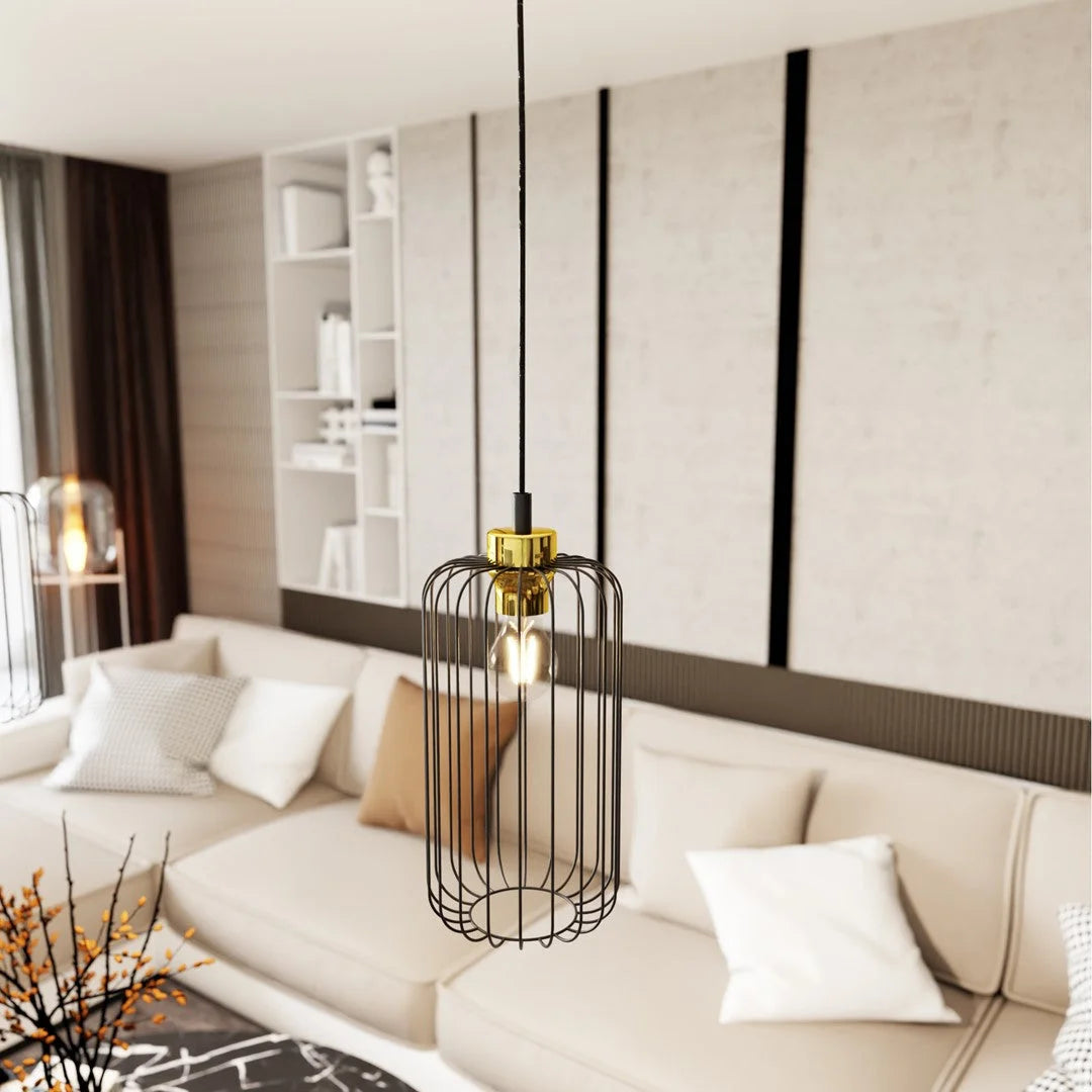 Suspension métal noir abat-jour cage doré industriel Ø16 cm